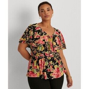 Lauren Ralph Lauren Women's Top Floral Ruffle Trim Surplice Jersey multicolor